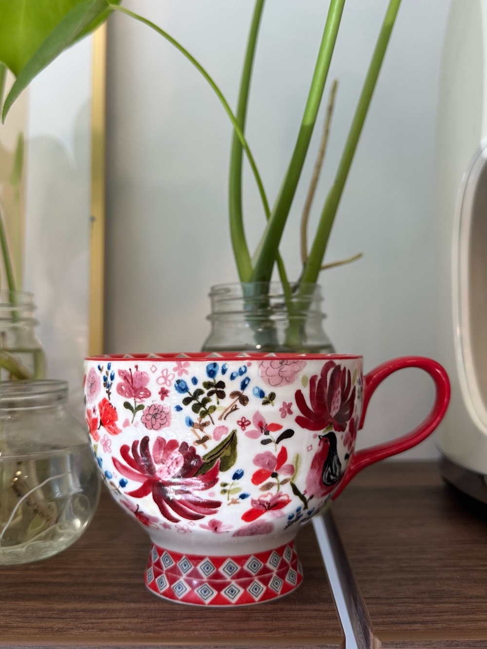 anthropologie Floral Red Pedestal Tea Mug
